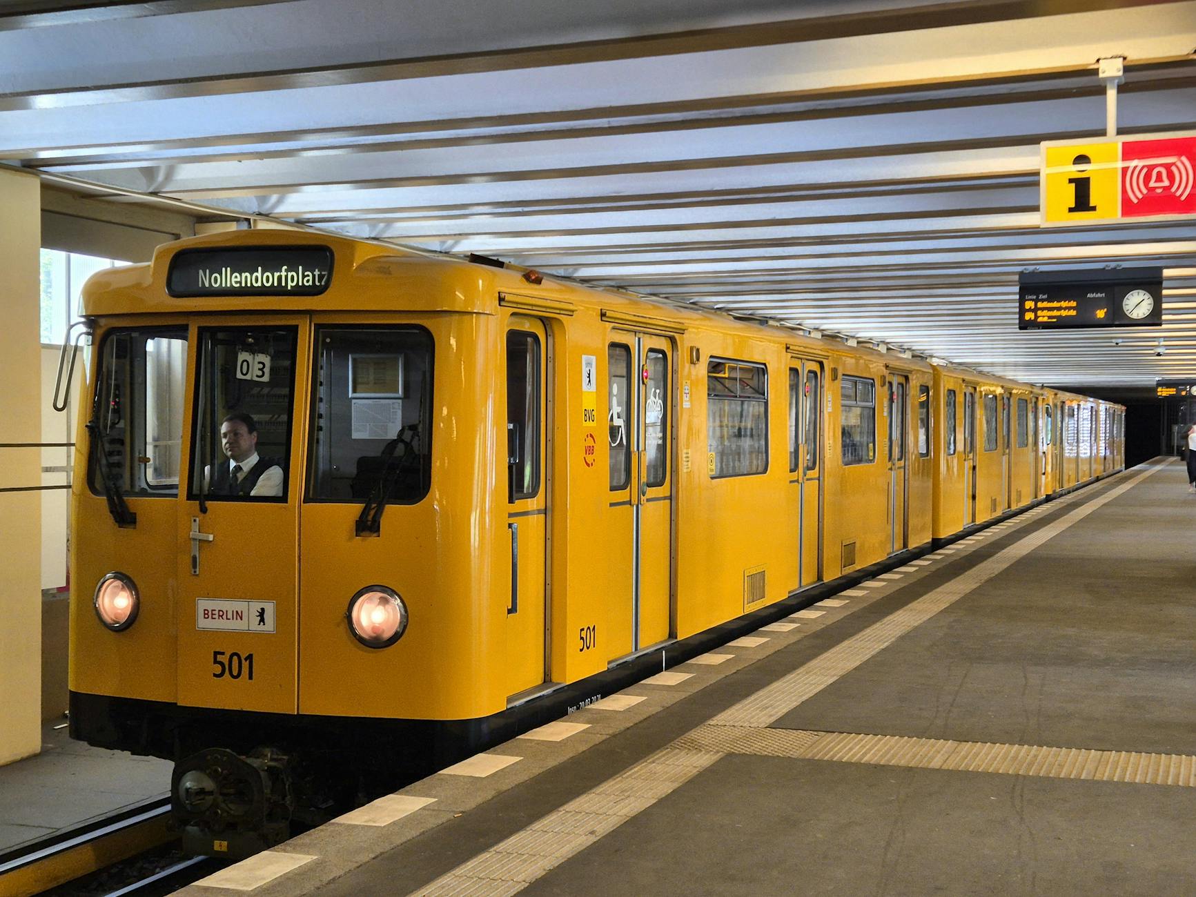 Berlin U-Bahn train arriving at station