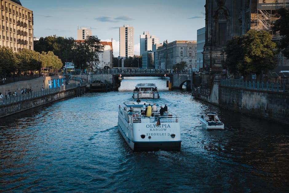 The Nikolaiviertel seen from the Spree with the twin spires of the Nikolaikirche behind the riverside buildings