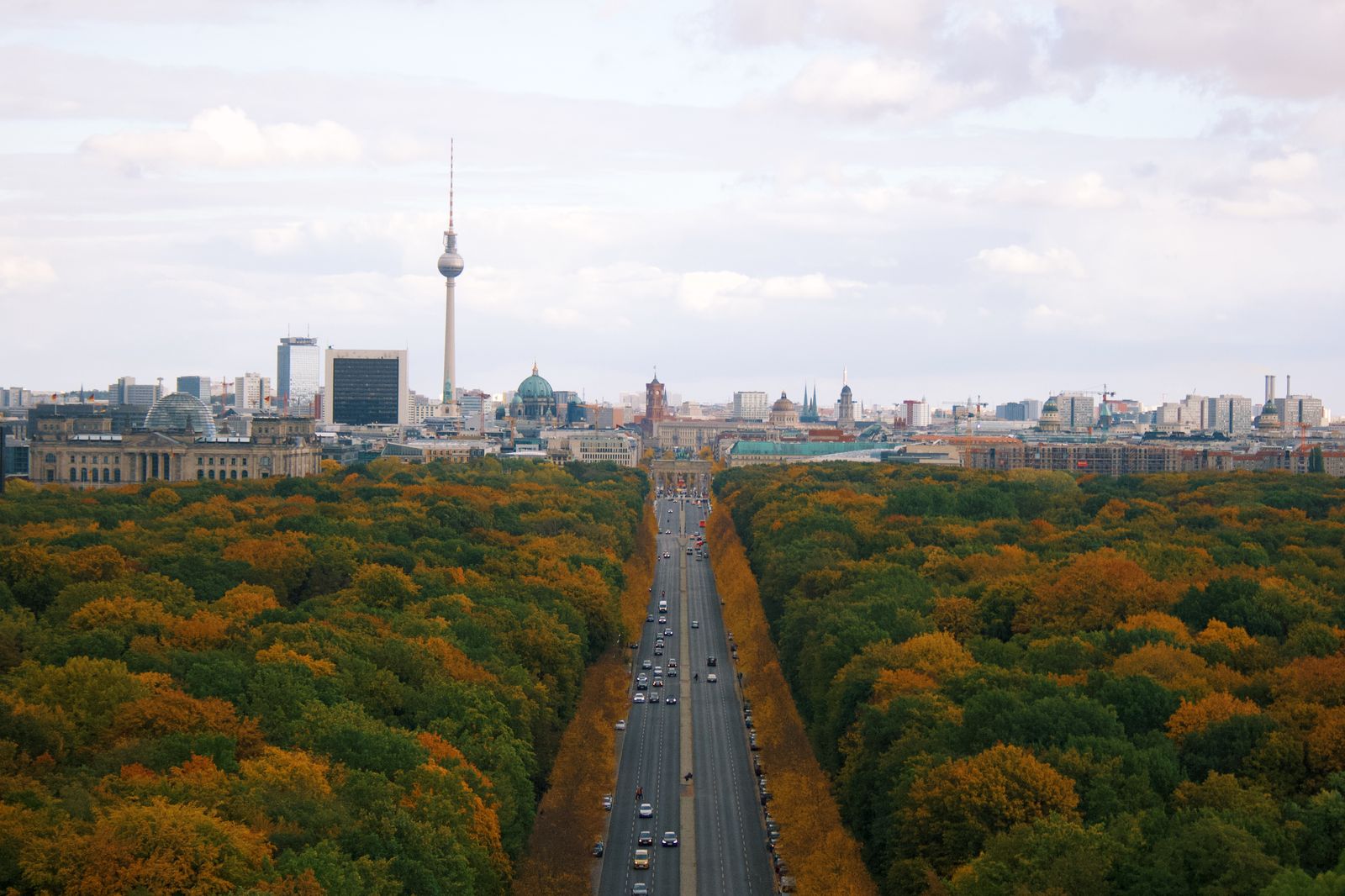 Berlin Tiergarten and city skyline in autumn