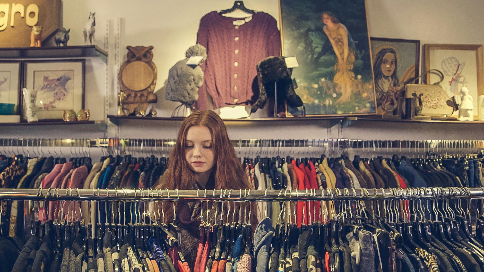 Vintage clothing rack inside a Berlin thrift store