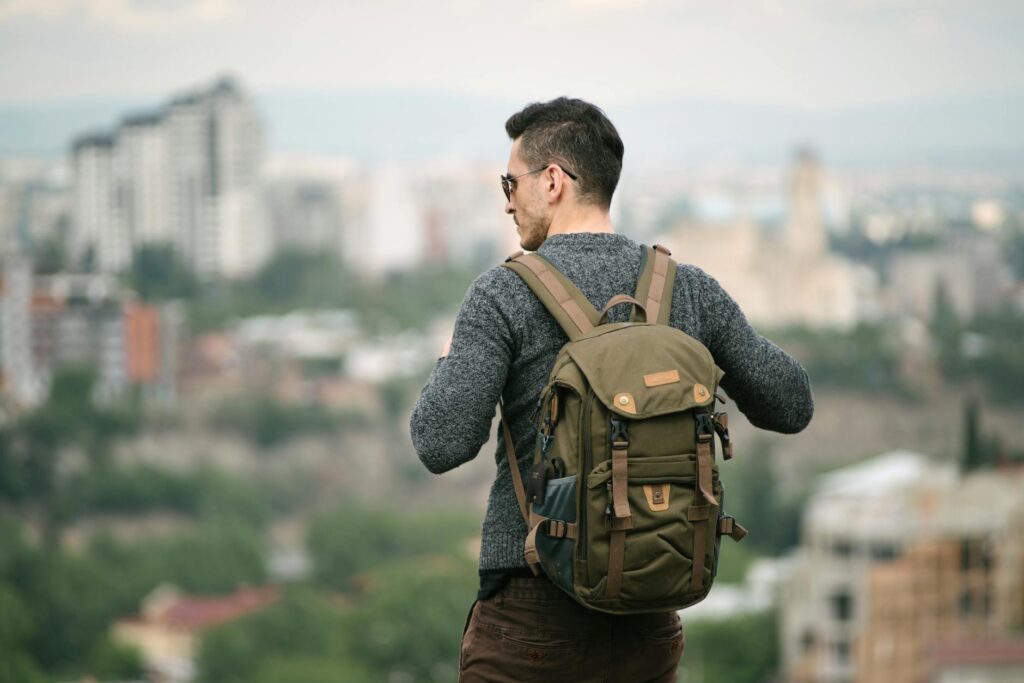 Solo traveler with backpack in Berlin