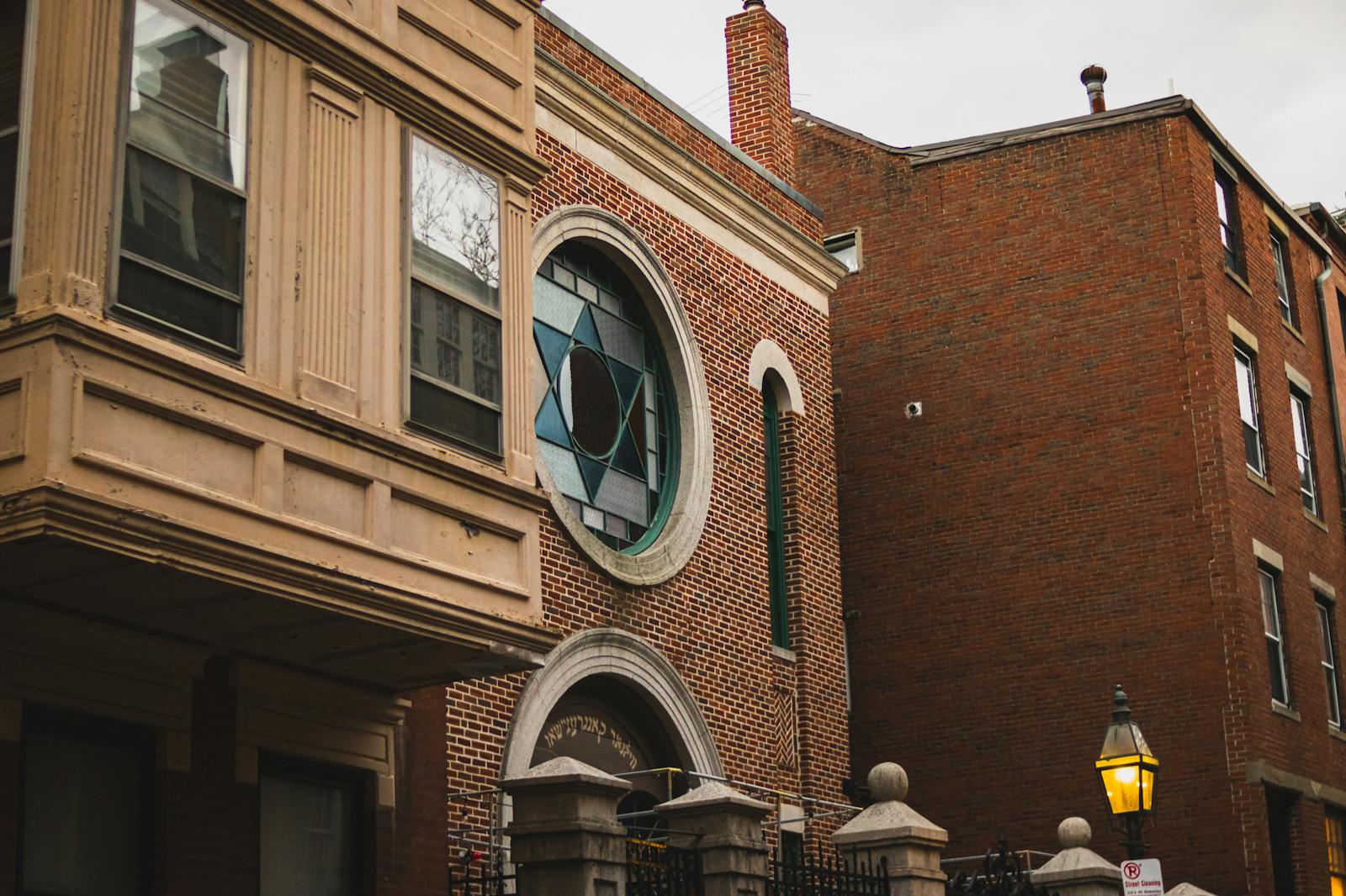 Historic synagogue with Star of David stained glass window