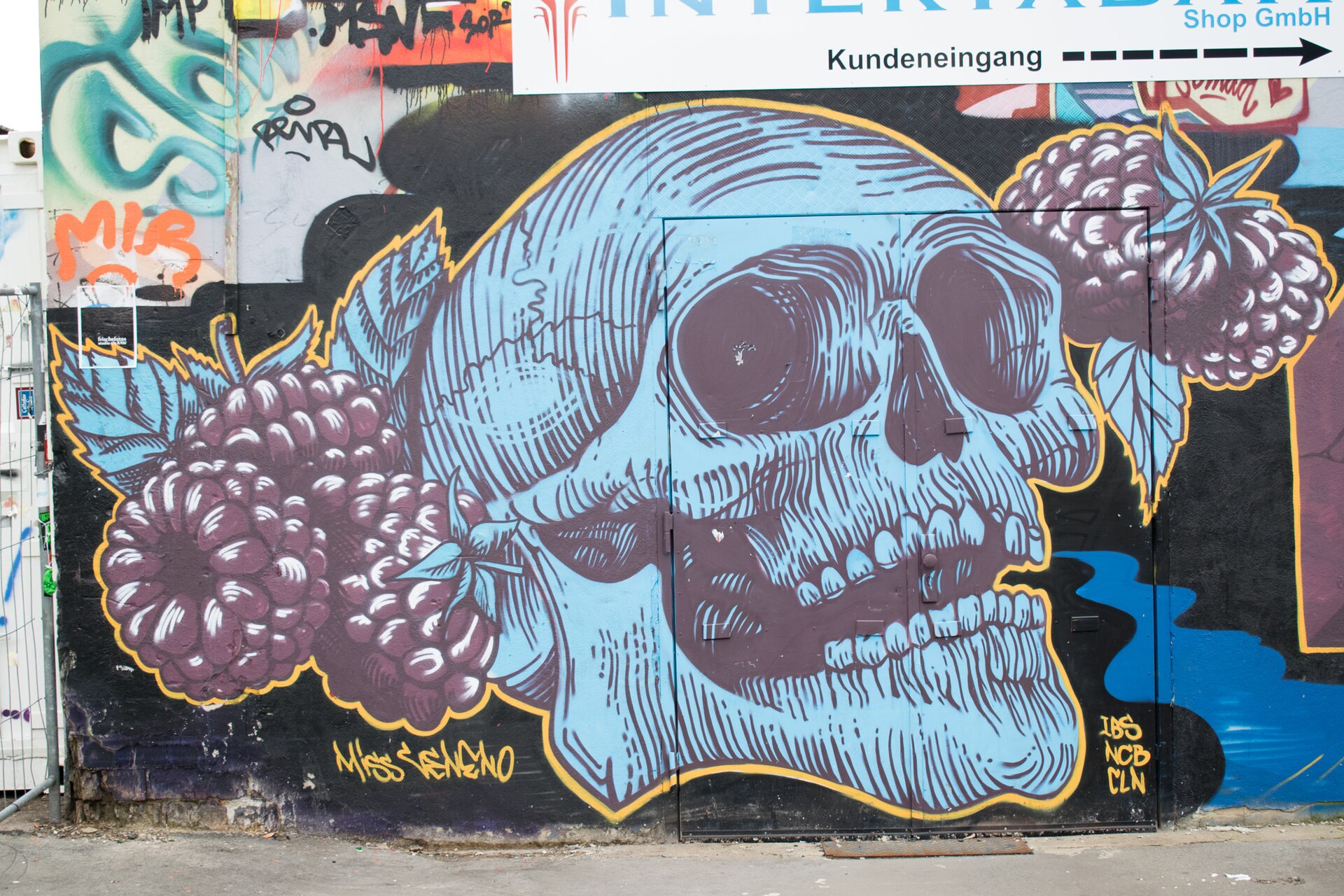 A mural of a pale blue skull surrounded by raspberries, painted on a wall at the RAW-Gelände in Friedrichshain beneath layers of graffiti