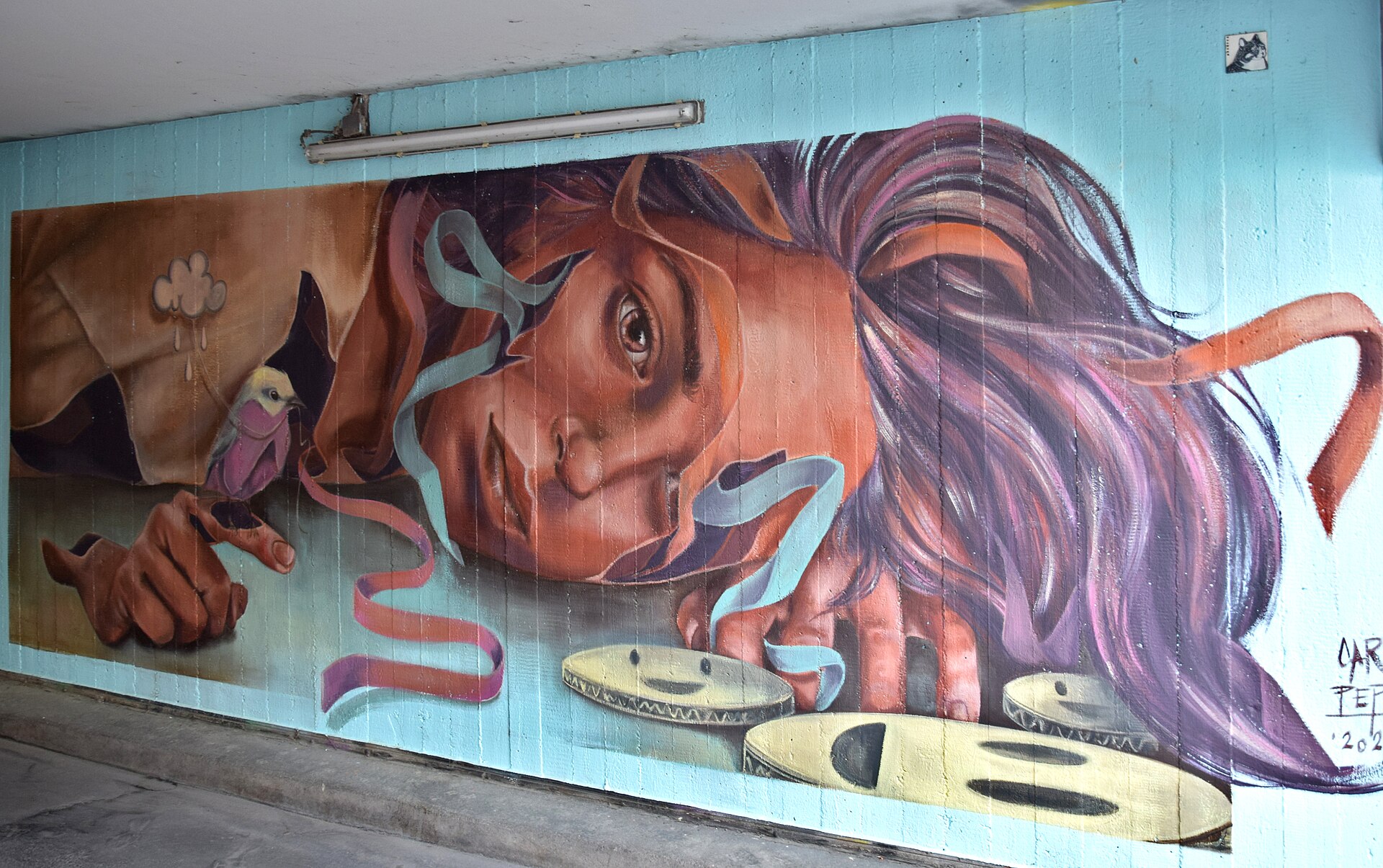 A large painted mural of a woman's face with flowing red and purple hair, ribbons and a small bird, on a community wall on Bülowstraße in Schöneberg